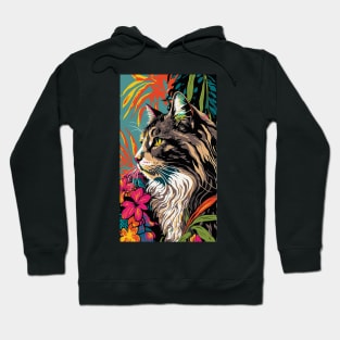 Maine Coon Cat Vibrant Tropical Flower Tall Retro Vintage Digital Pop Art Portrait 2 Hoodie